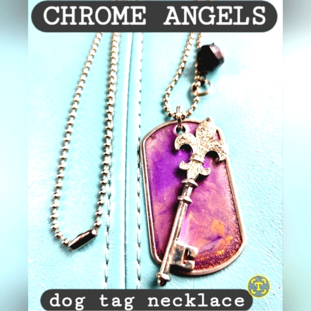 CHROME ANGELS Purple Pendant Rhinestones Fleur de Lis Silver Crystal Dog Tag 24"